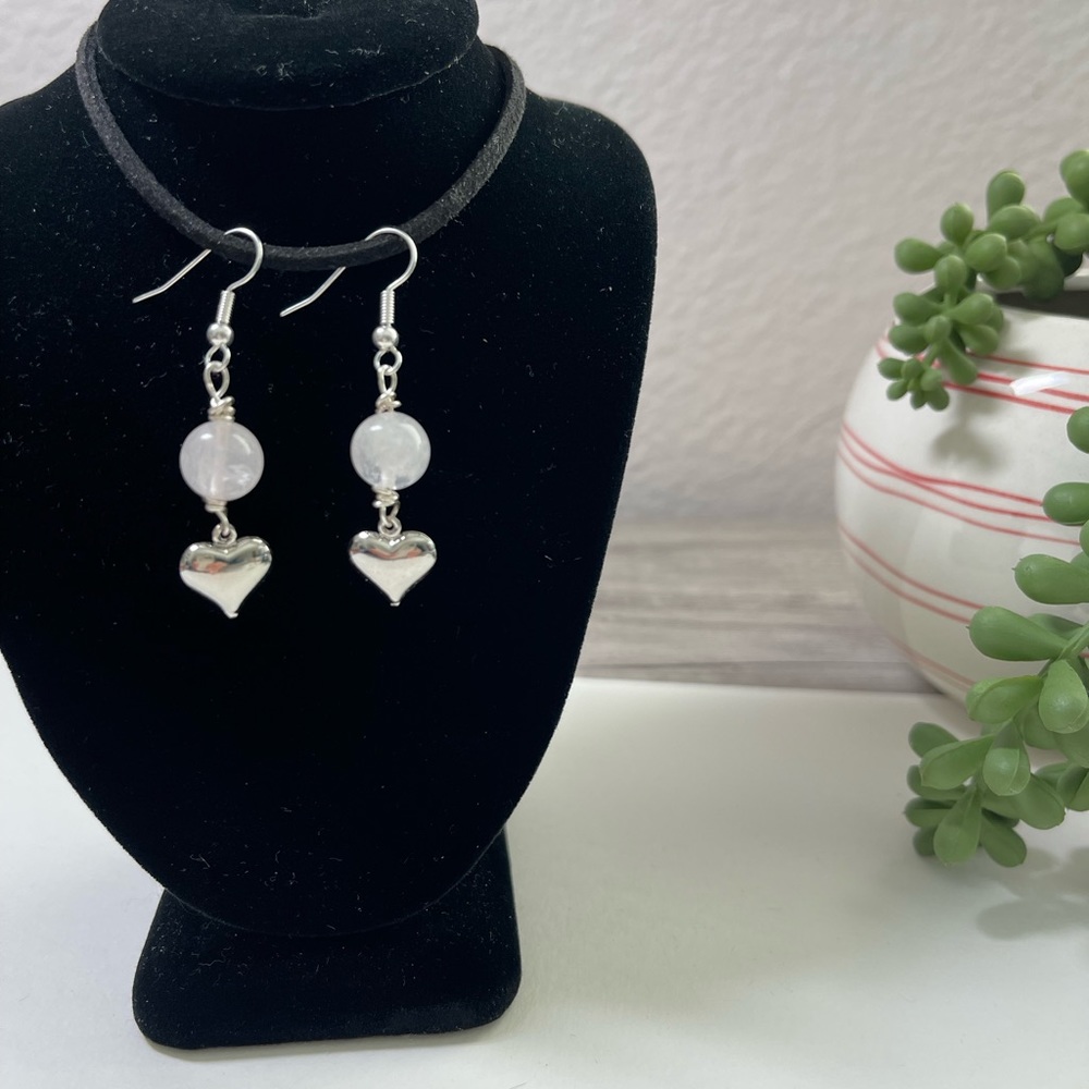Rose quartz crystal puffed heart dangle earrings